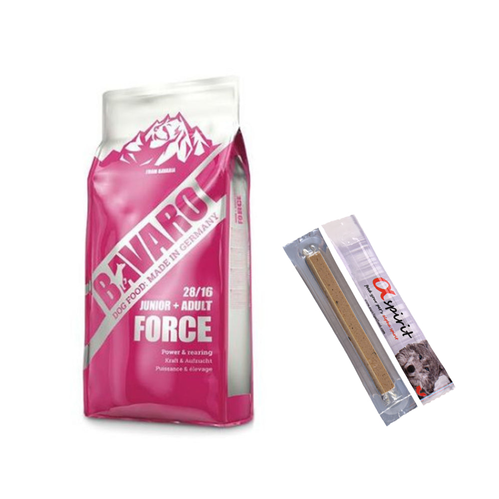 Pakiet Josera Bavaro Force 28/16 Aktywne Psy Junior Adult 18kg  + 2 x Przysmak z kaczką stick 10 g GRATIS