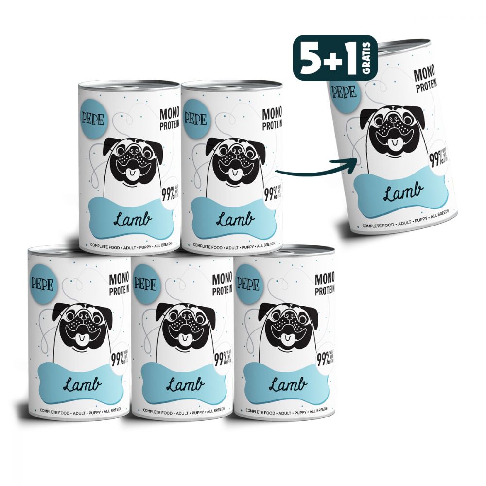 Pakiet Paka Zwierzaka Pepe Monoproteinowa Karma Dla Psa Jagnięcina 5 x 400 g + 1 Puszka GRATIS!