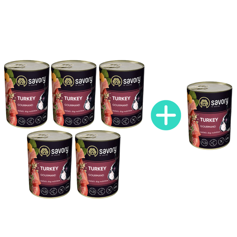 Pakiet Savory Dog Adult Mono Turkey Karma Mokra Monoproteinowa Dla Dorosłych Psów Wszystkich Ras z Indykiem 5 x 400 g + 1 Puszka Gratis!