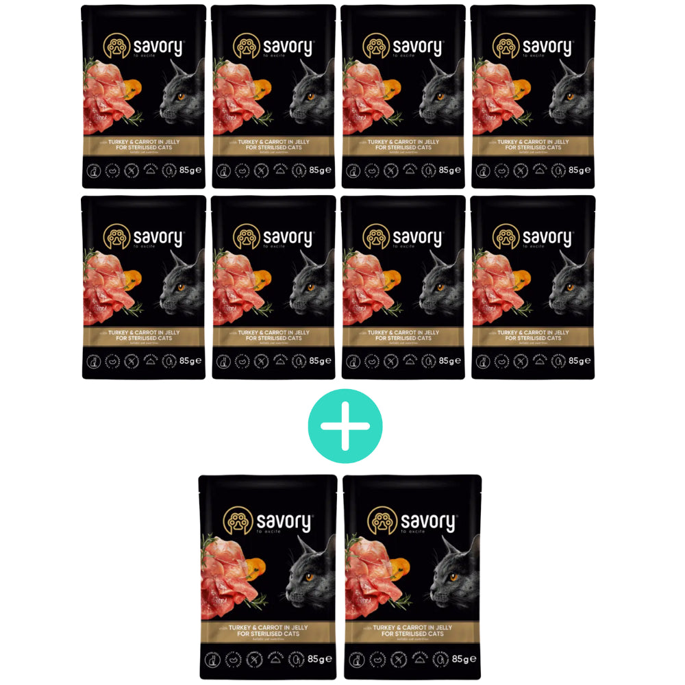 Pakiet Savory Cat Adult Sterilised Turkey&Carrots Jelly Karma Mokra Dla Kotów Po Sterylizacji i Kastracji z Indykiem i Marchewką w Galaretce 8 x 85 g + 2 Saszetki GRATIS!