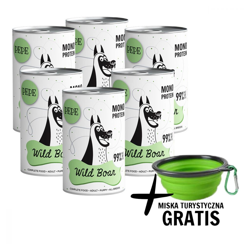 Pakiet Paka Zwierzaka Pepe Monoproteinowa Karma Dla Psa Dziczyzna 6 x 400 g + Miska Turystyczna GRATIS!