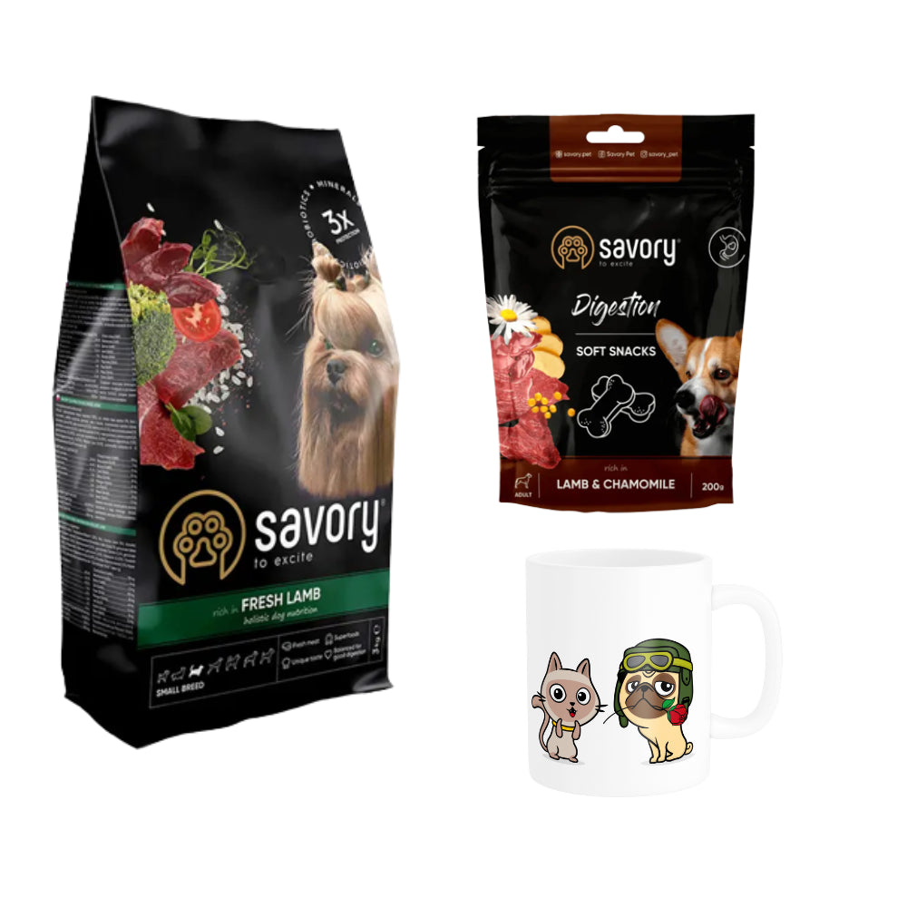 Pakiet Savory Dog Adult Small Breed Lamb 3 kg + Przysmaki 200 g i Kubek Gratis!