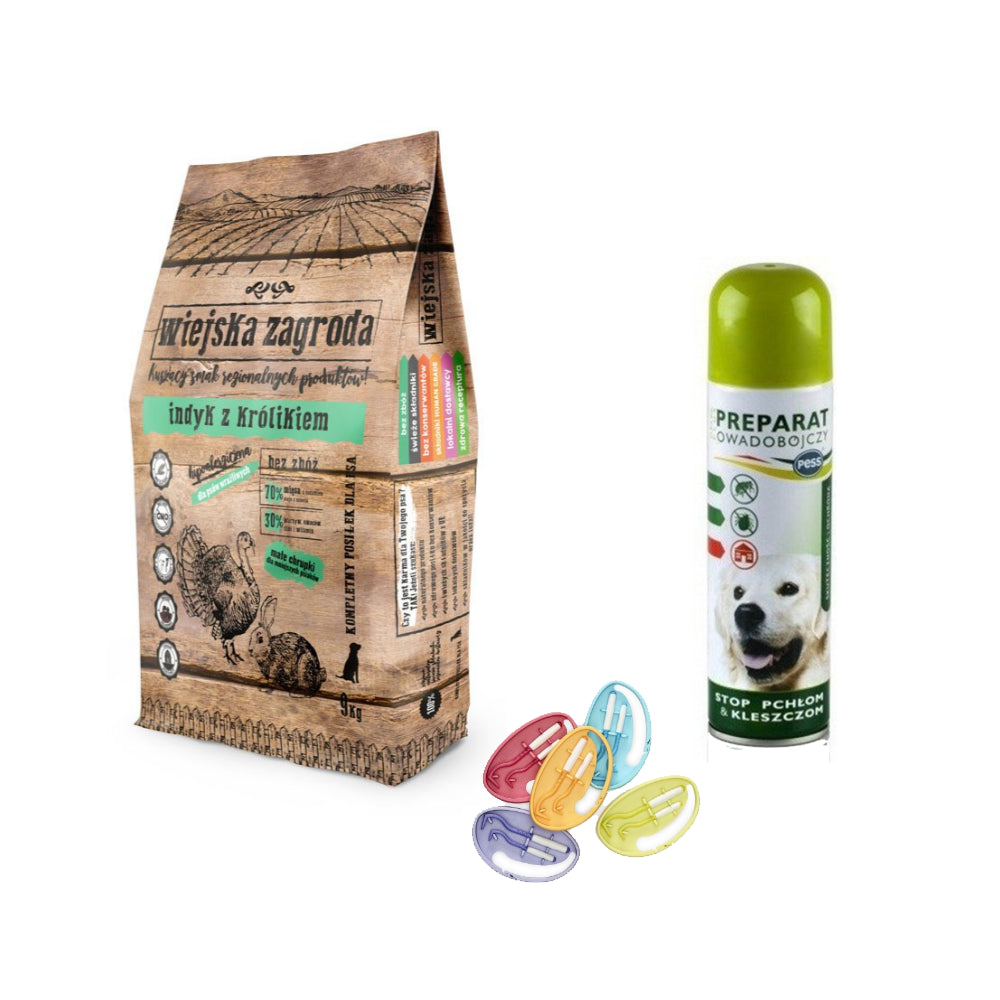 Pakiet Wiejska Zagroda Indyk z Królikiem 9 kg + 2 GRATISY-Kleszczołapki, Preparat Owadobójczy