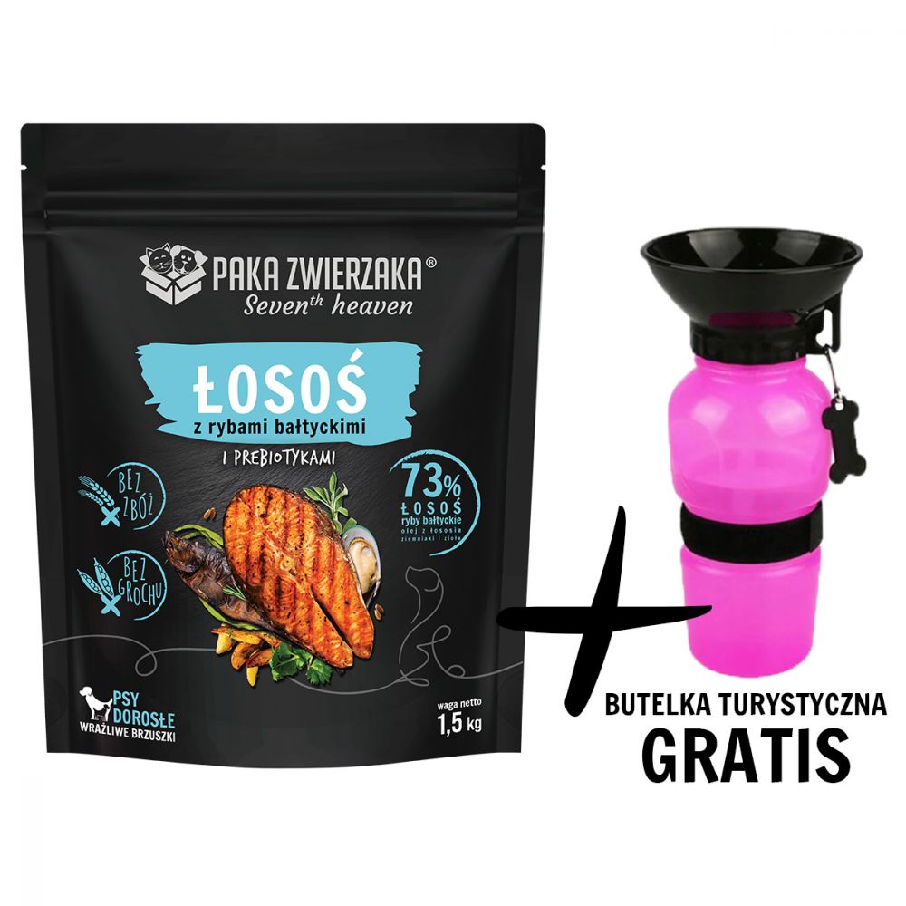 Pakiet Paka Zwierzaka Seventh Heaven Salmon&Baltic Fish Sucha Karma Dla Dorosłych Psów Łosoś Z Rybami Bałtyckimi 1,5 kg + Butelka Turystyczna GRATIS!