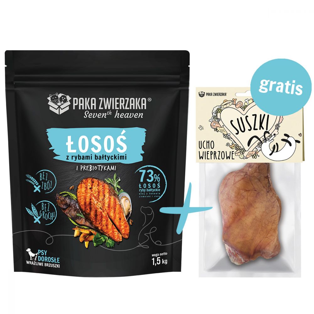 Pakiet Paka Zwierzaka Seventh Heaven Salmon&Baltic Fish Sucha Karma Dla Dorosłych Psów Łosoś Z Rybami Bałtyckimi 1,5 kg + Ucho Wieprzowe GRATIS!