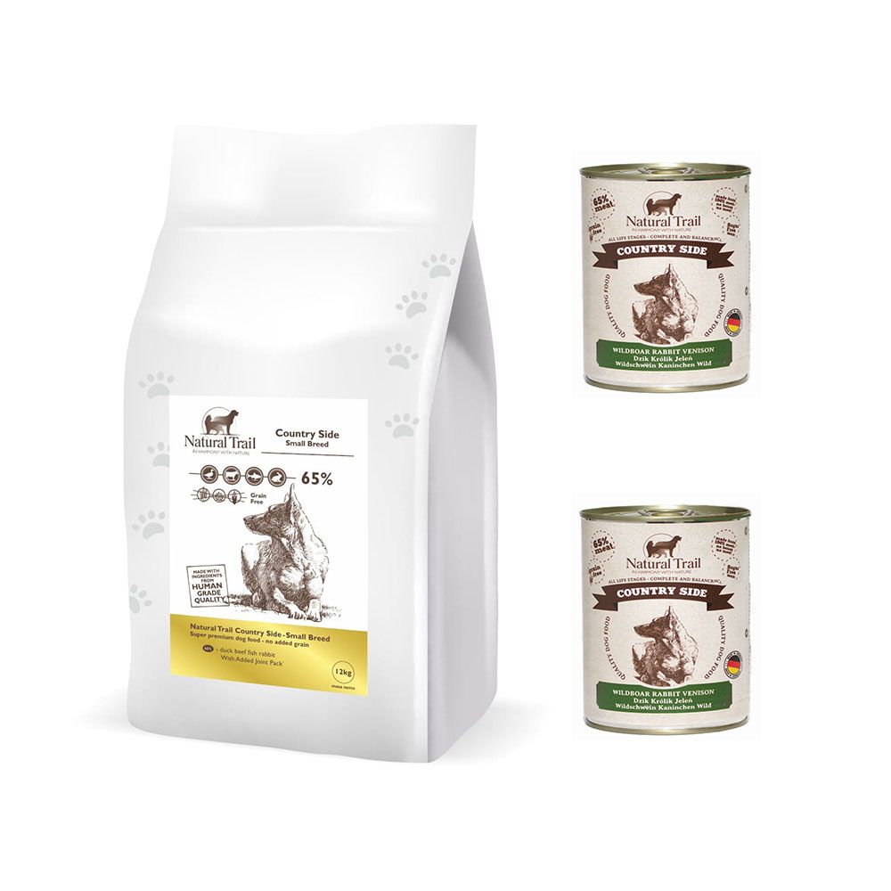 Pakiet Natural Trail Country Side Kaczka, Wołowina, Ryba i Królik Średnie Rasy 12 kg + 2 x Natural Trail Country Side z Królikiem i Dziczyzną Bezzbożowa Karma Dla Psa  800 g GRATIS !