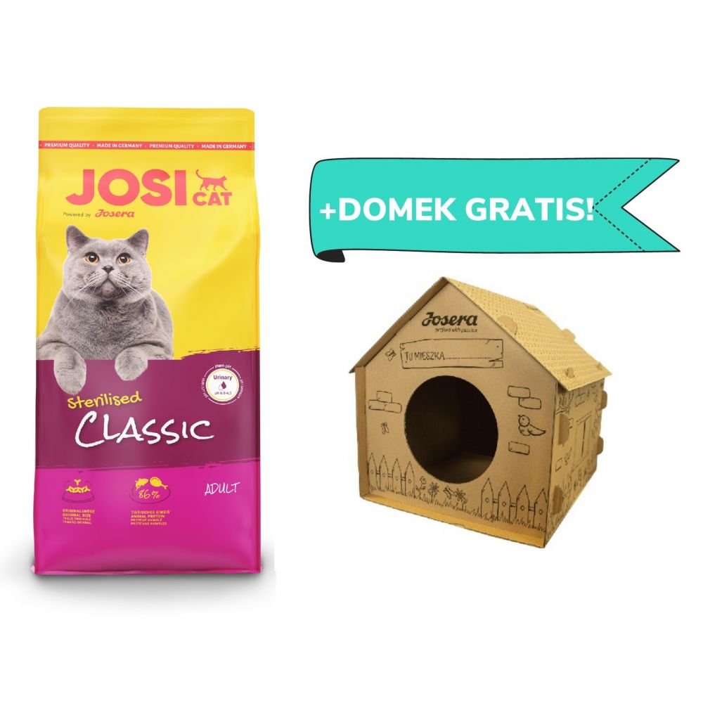 Pakiet Josera Josicat Sterilised Classic Drób Łosoś 18 kg + Tekturowy Domek dla Kota GRATIS