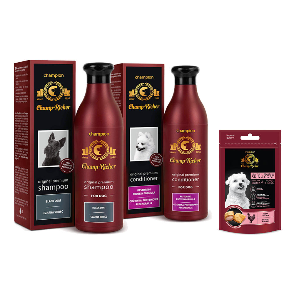 Pakiet Champ - Richer Szampon dla Psów o Czarnej Sierści i Odżywka Proteinowa Regeneracja 2 x 250 ml + Smakołyk Champ - Richer GRATIS!