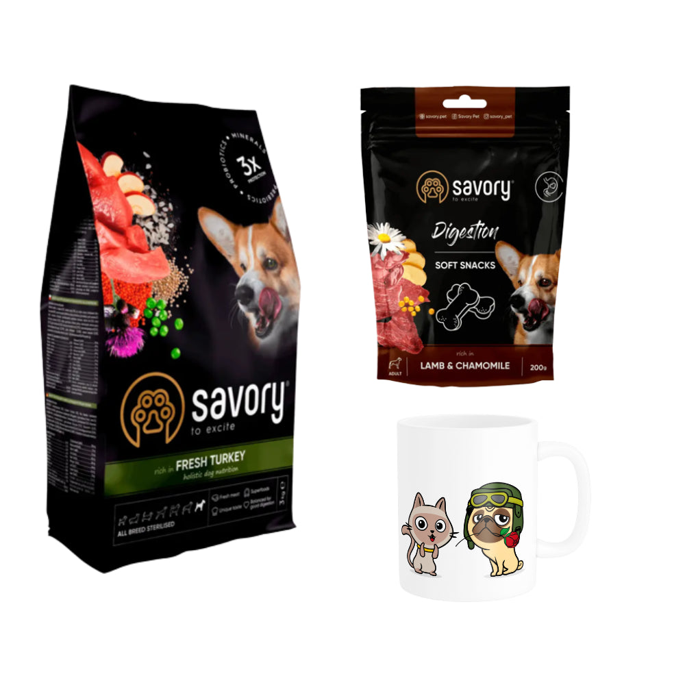 Pakiet Savory Dog Adult All Breeds Sterilised Turkey 3 kg + Przysmaki 200 g i Kubek Gratis!