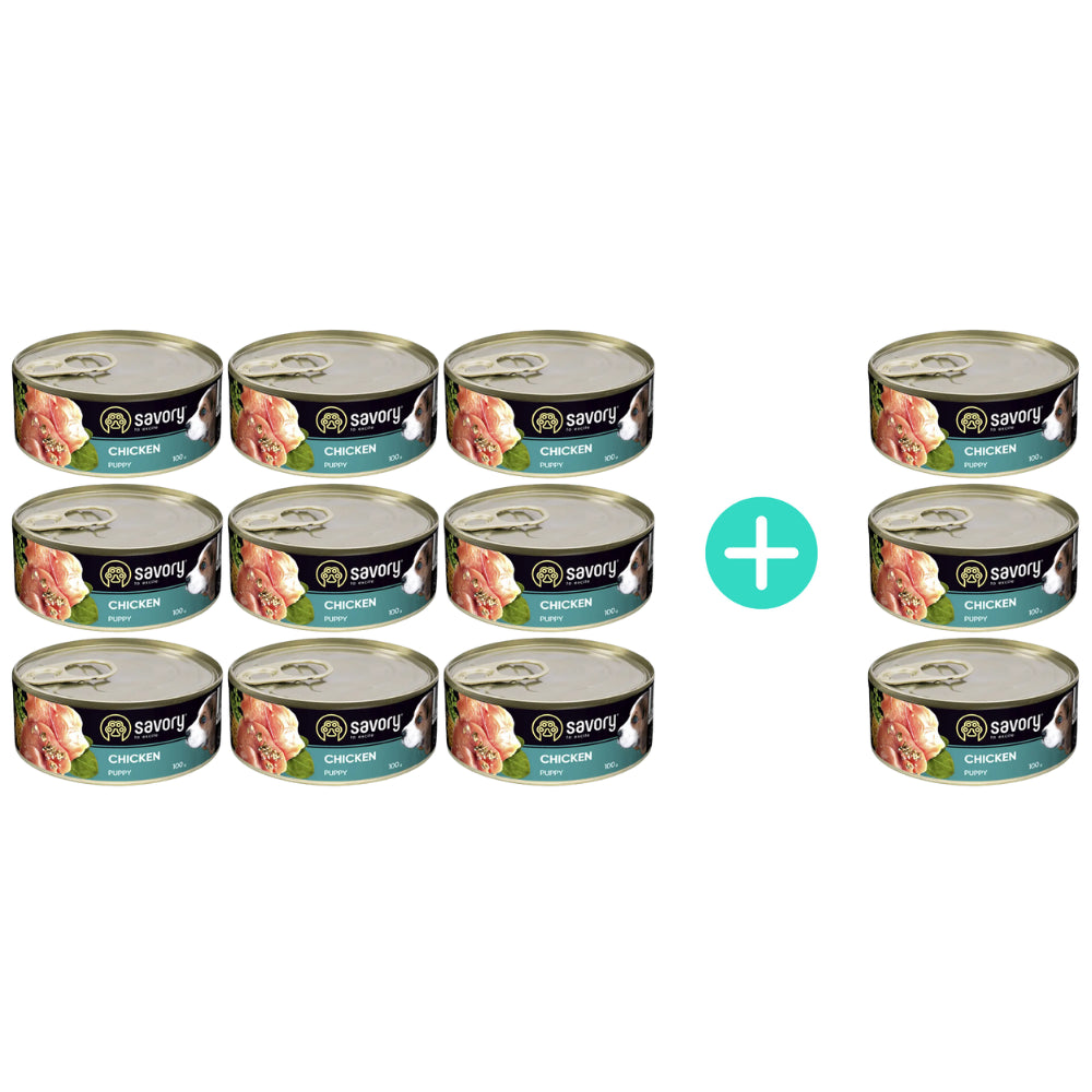 Pakiet Savory Dog Puppy Chicken Karma Mokra Dla Szczeniąt Psów Wszystkich Ras z Kurczakiem 9 x 100 g + 3 Puszki Gratis!