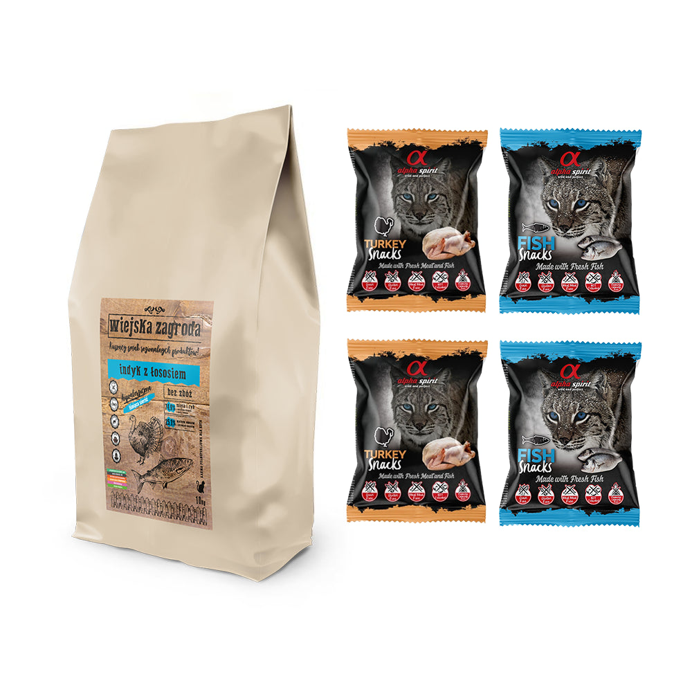 Pakiet Wiejska Zagroda Indyk z Łososiem dla Kota 10 kg + 4 Przysmaki GRATIS!
