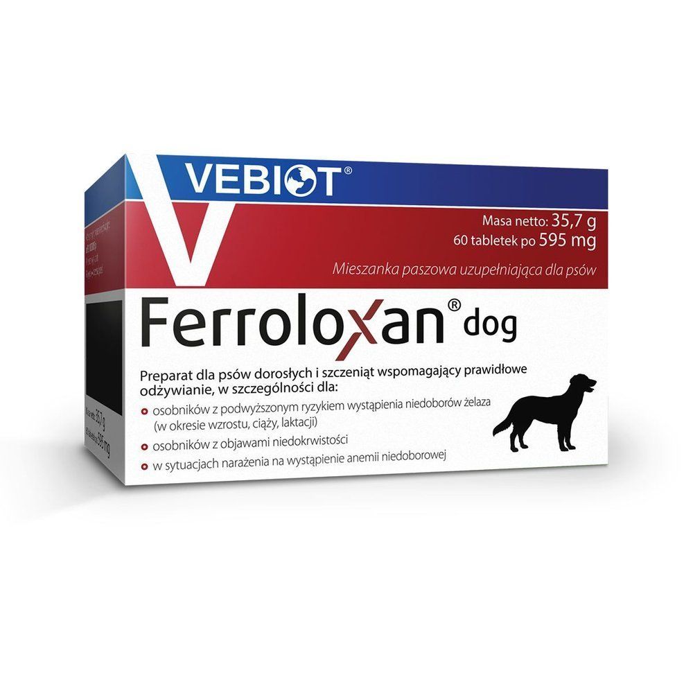 Vebiot Ferroloxan Dog Mieszanka Paszowa Dla Szczeniąt i Psów Dorosłych Z Podwyższonym Ryzykiem Wystąpienia Niedoboru Żelaza 60 Tabletek