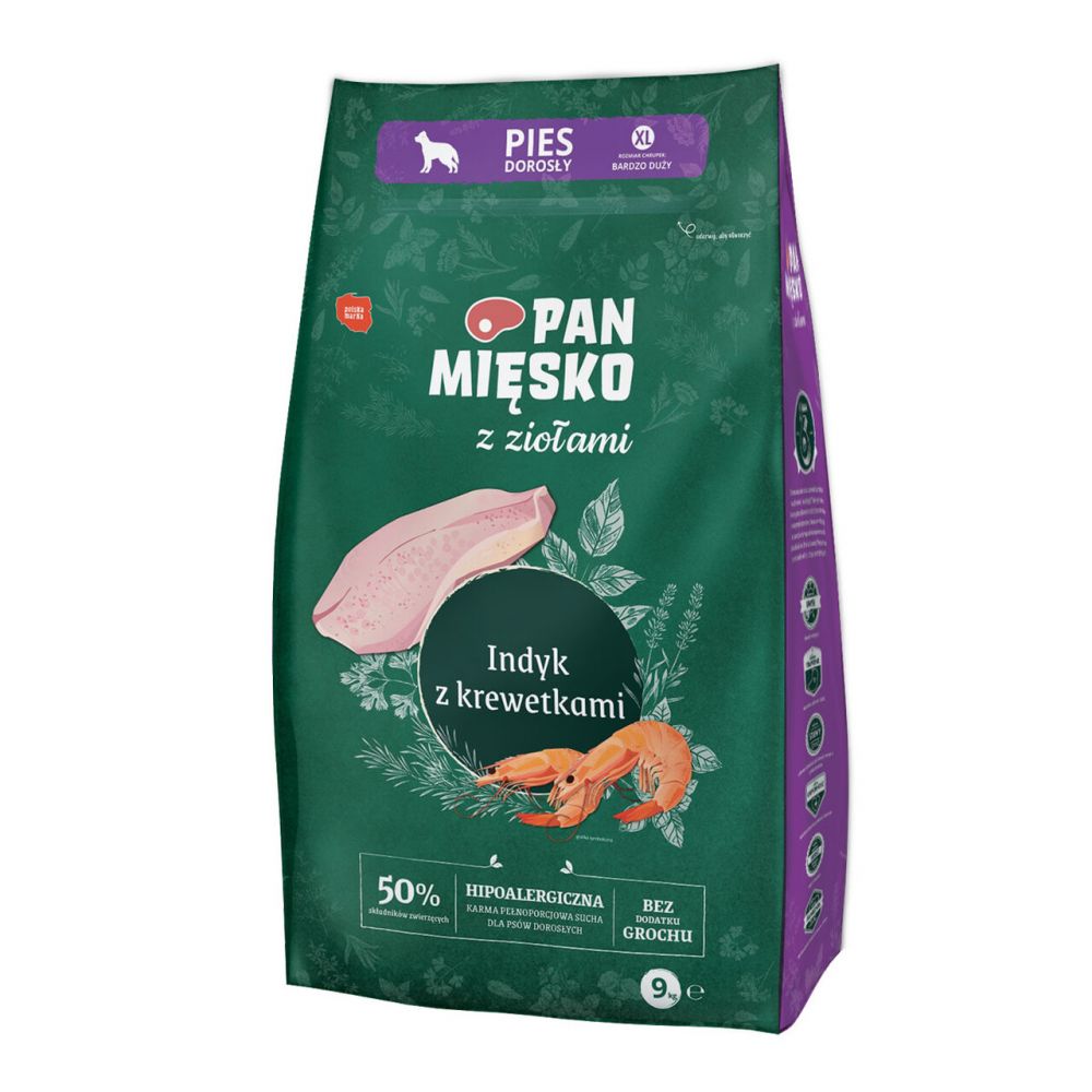 Pan Mięsko Sucha Karma Dla Dorosłych Psów z Ziołami Indyk z Krewetkami Rozmiar XL 9 kg