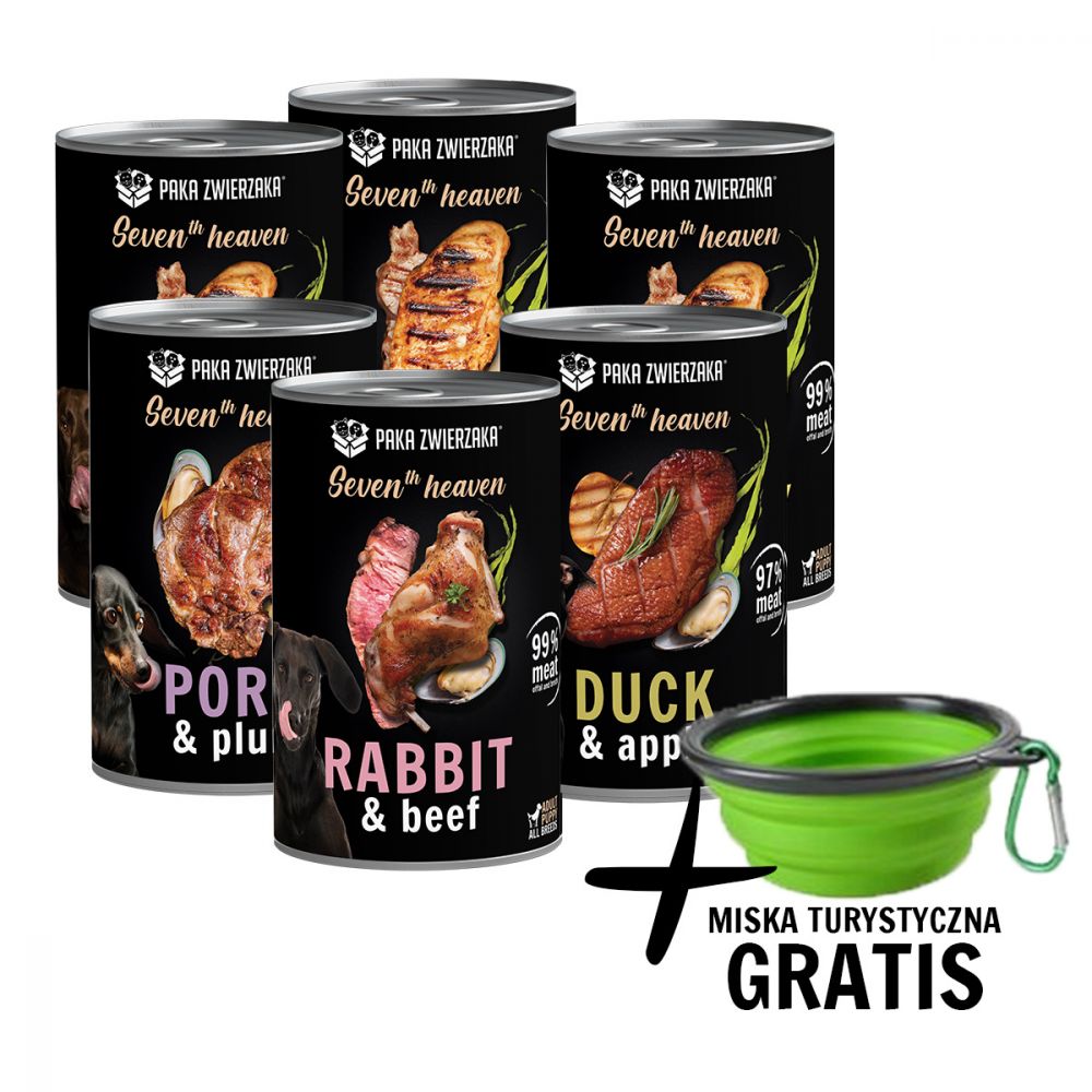 Pakiet Paka Zwierzaka Seventh Heaven Mokra Karma Dla Psa Mix Smaków 6 x 400 g + Miska Turystyczna GRATIS!