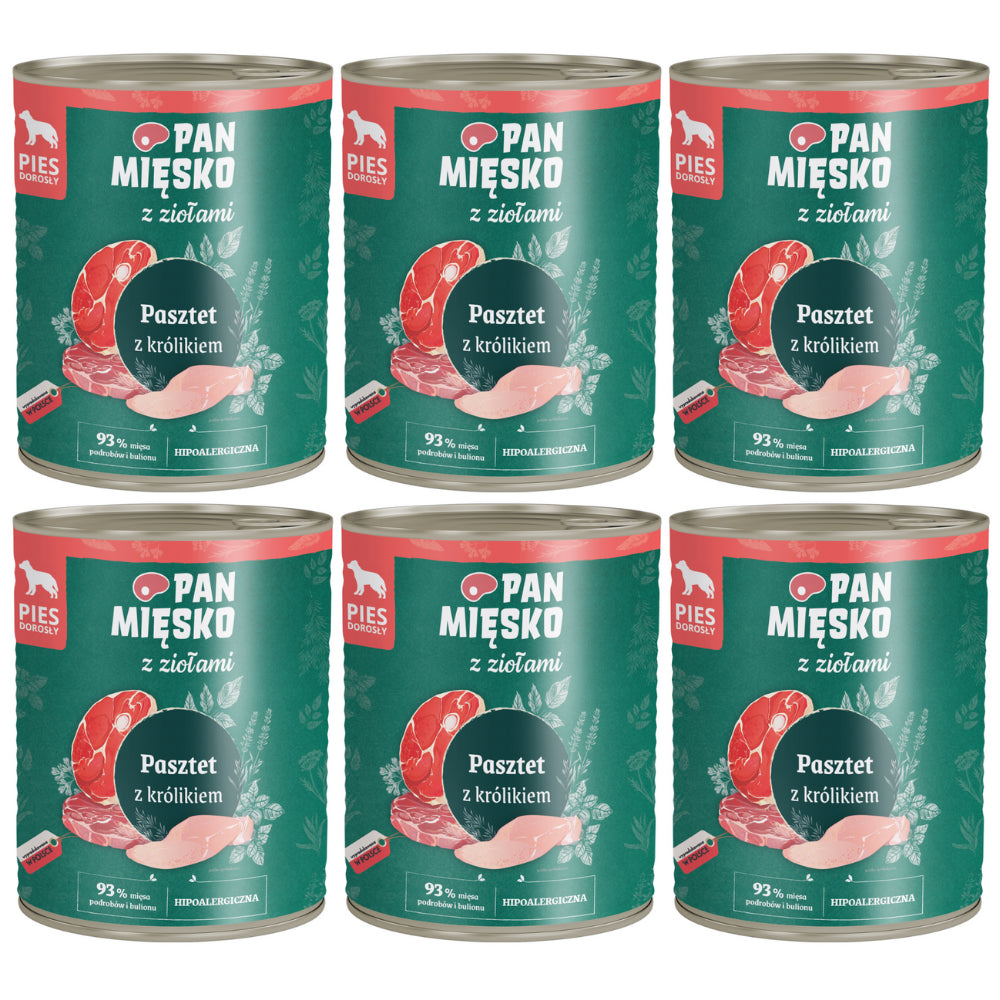 Pakiet Pan Mięsko Mokra Karma Dla Dorosłych Psów Pasztet z Ziołami i Królikiem 6 x 800 g