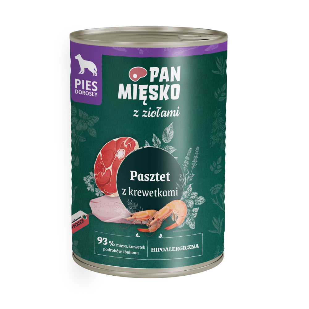 Pan Mięsko Mokra Karma Dla Dorosłych Psów Pasztet z Ziołami i Krewetkami 400 g