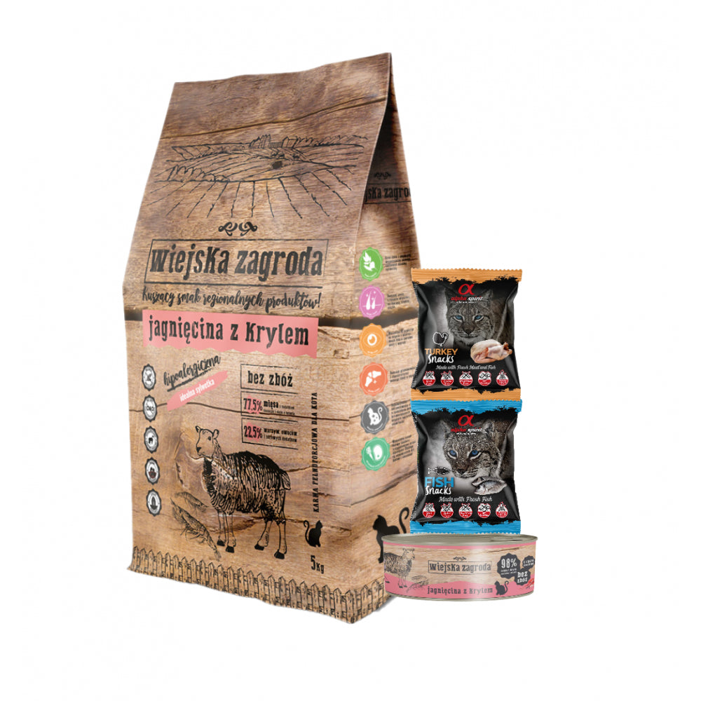 Pakiet Wiejska Zagroda Jagnięcina z Krylem dla Kota 5 kg + 3 GRATISY!