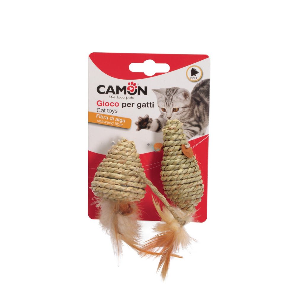 Camon Cat Toy Mysz Tkana z Włókien z Piórami i Dzwoneczkiem 2 sztuki