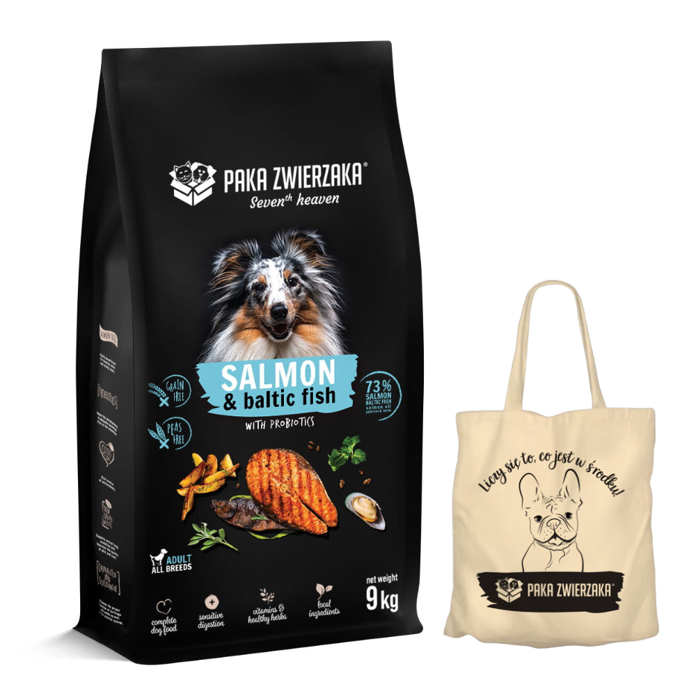 Pakiet Paka Zwierzaka Seventh Heaven Salmon&Baltic Fish Sucha Karma Dla Dorosłych Psów Łosoś Z Rybami Bałtyckimi 9 kg + Torba Bawełniana GRATIS!
