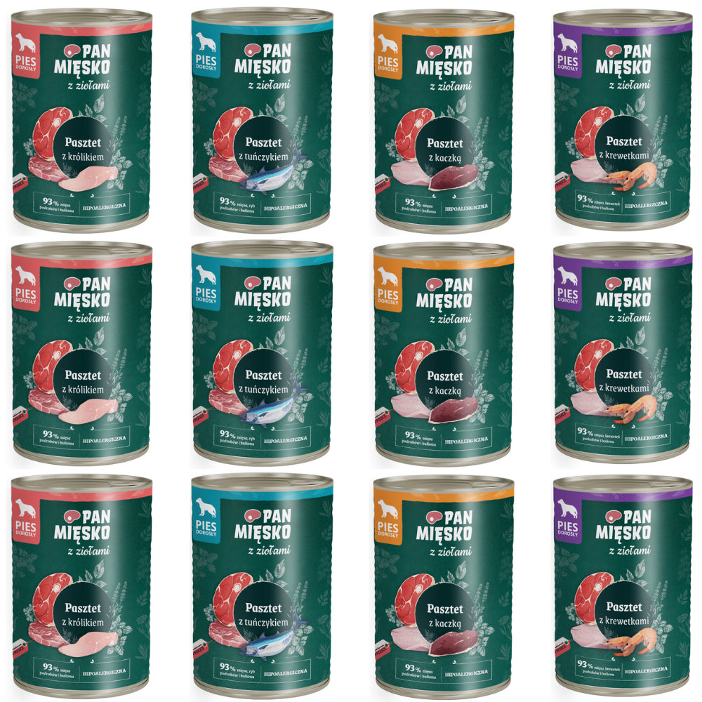 Pakiet Pan Mięsko Mokra Karma Dla Dorosłych Psów Pasztet z Ziołami Mix Smaków 12 x 400 g