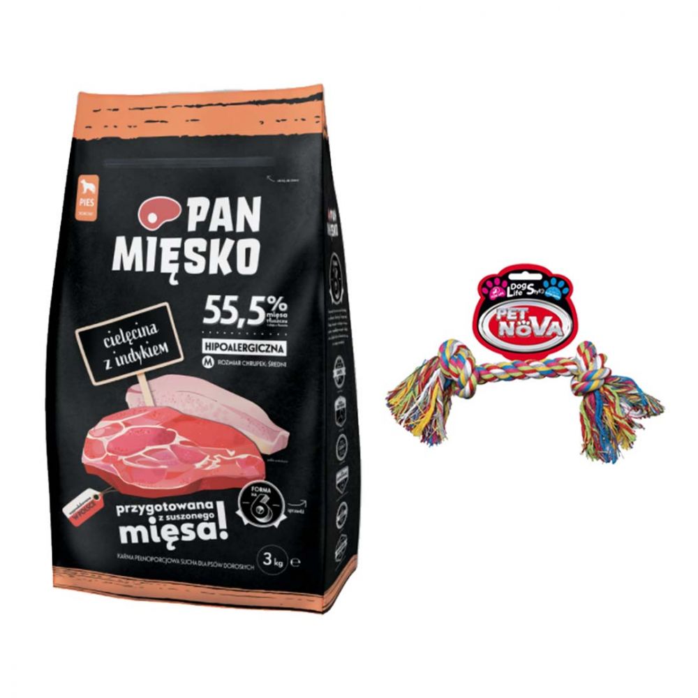 Pakiet Pan Mięsko Karma Sucha Dla Dorosłych Psów Cielęcina Z Indykiem Rozmiar M 3 kg + Zabawka GRATIS!