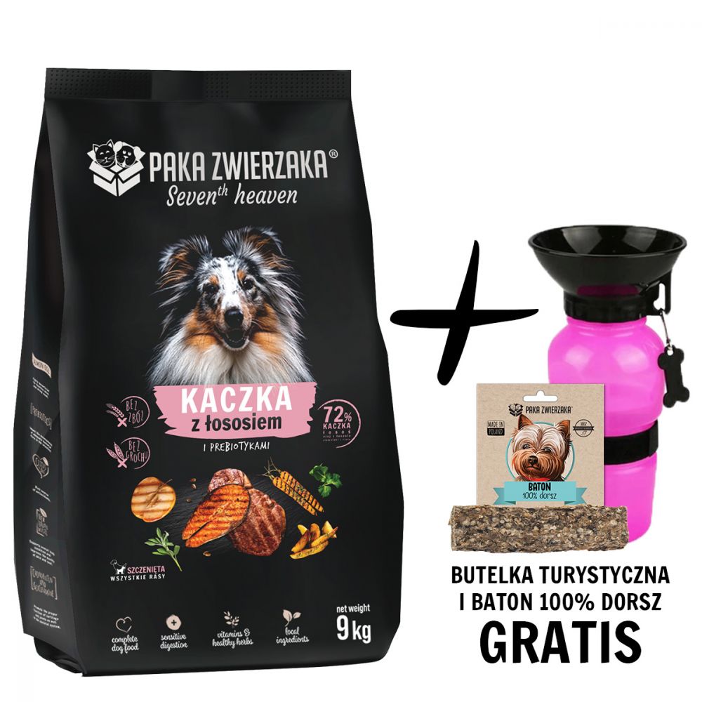 Pakiet Paka Zwierzaka Seventh Heaven Duck&Salmon Sucha Karma Dla Szczeniąt Kaczka Z Łososiem 9 kg + Butelka Turystyczna i Baton Dorsz 100% GRATIS!