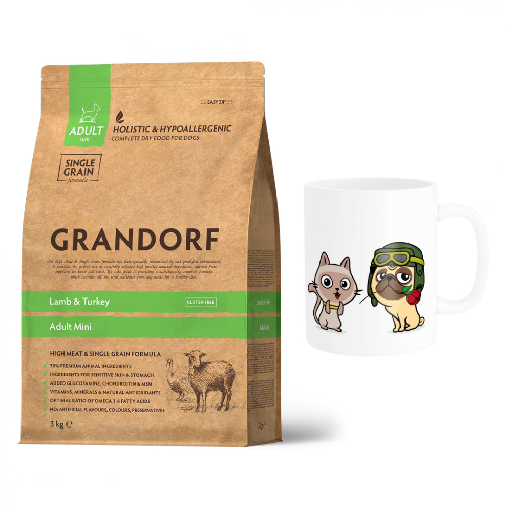 Pakiet Grandorf Lamb Turkey Adult Mini Breed Sucha Karma Dla Dorosłych Psów Małych Ras z Jagnięciną i Indykiem 3 kg + Kubek z Twoim Pupilem GRATIS!