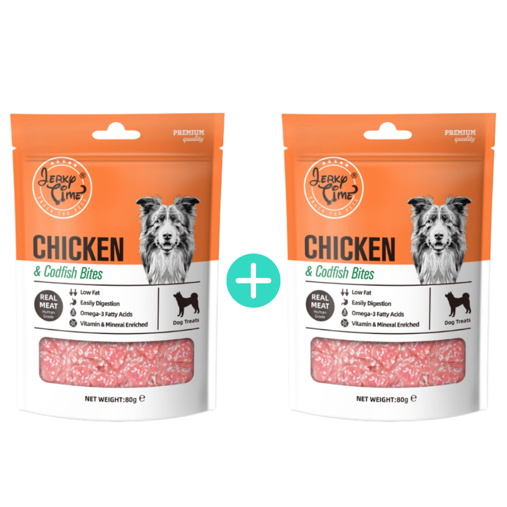 Pakiet Jerky Time Kęski z Kurczaka i Dorsza Przysmak Dla Psa 80 g 1 + 1 GRATIS!