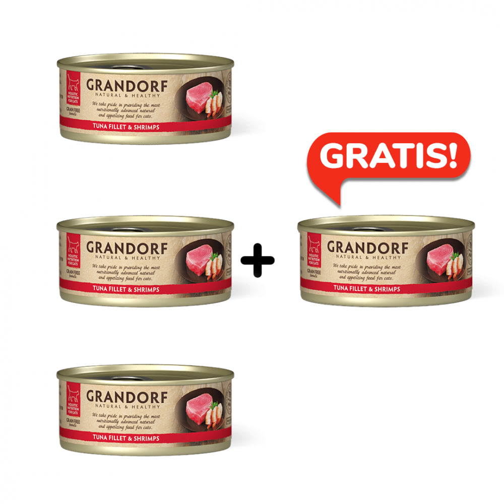 Pakiet Grandorf Tuna Fillet & Shrimps Mokra Karma Dla Kota Filet z Tuńczyka i Krewetki 3 x 70 g + 1 Puszka GRATIS!