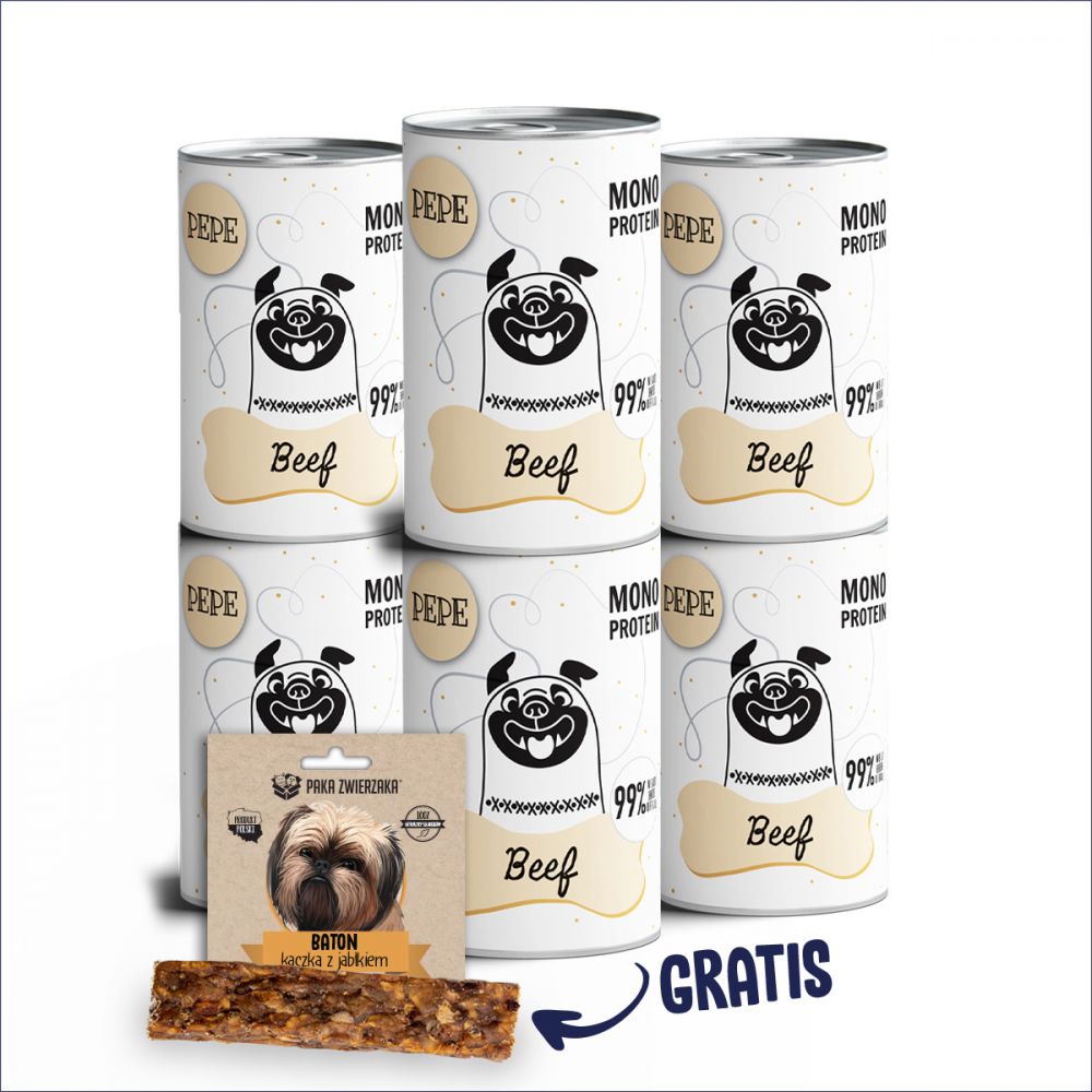 Pakiet Paka Zwierzaka Pepe Monoproteinowa Karma Dla Psa Wołowina 6 x 400 g + Baton Kaczka z Jabłkiem 28 g GRATIS!
