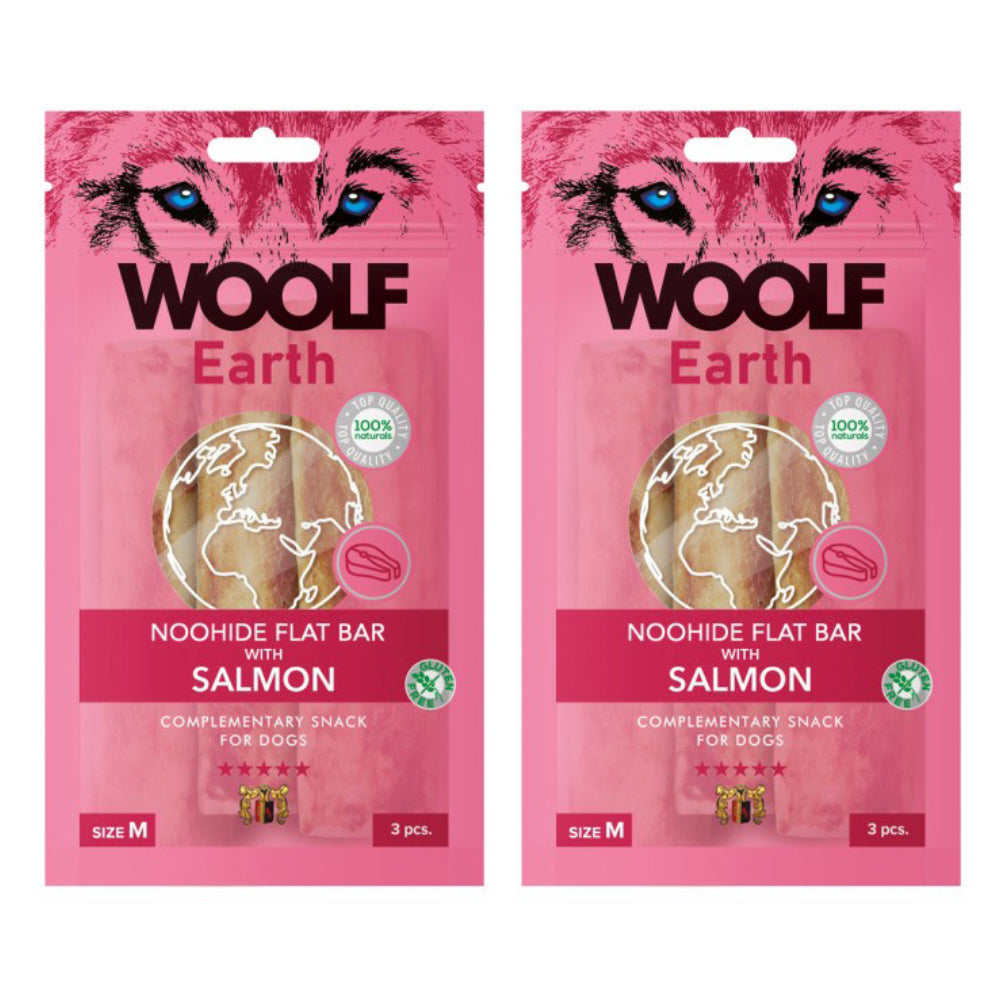 Pakiet Woolf Earth Noohide Flat Bar Salmon Przysmak Dla Psa Łosoś Rozmiar M 85 g + 1 GRATIS!