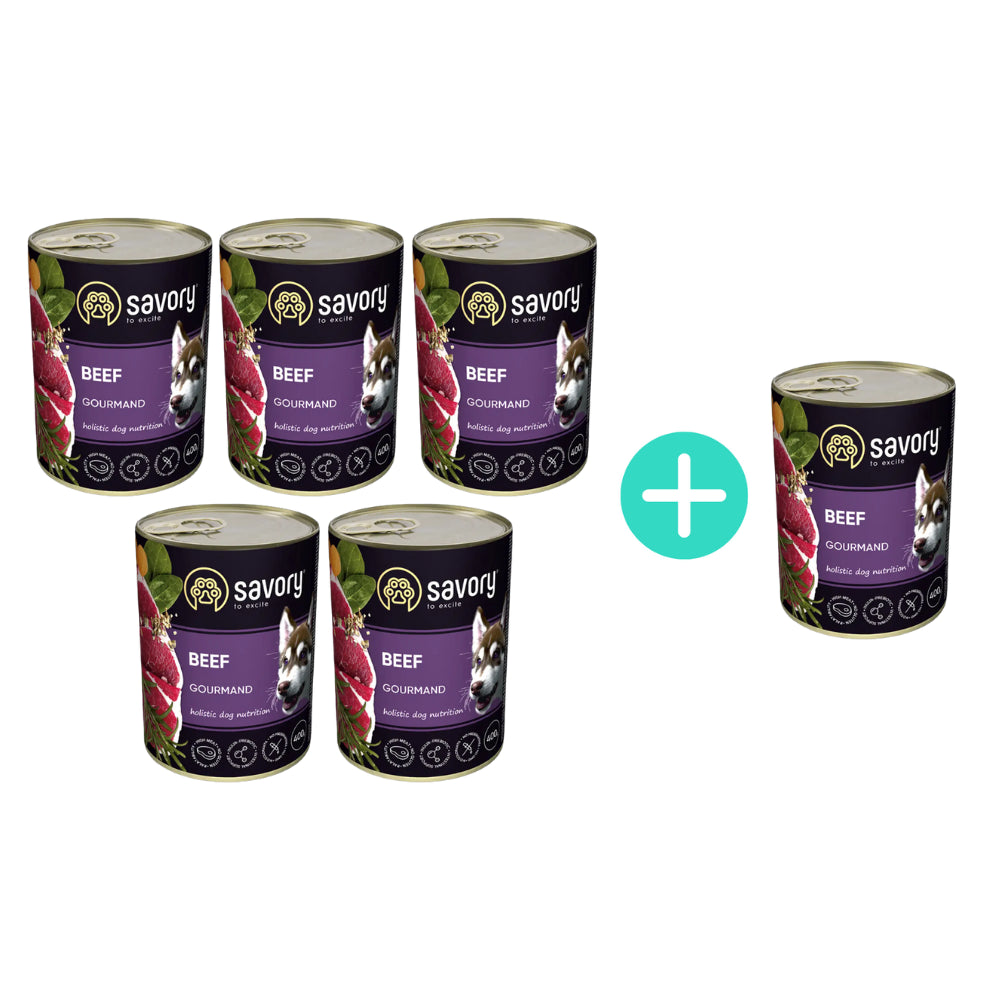 Pakiet Savory Dog Adult Mono Beef Karma Mokra Monoproteinowa Dla Dorosłych Psów Wszystkich Ras z Wołowiną 5 x 400 g + 1 Puszka Gratis!