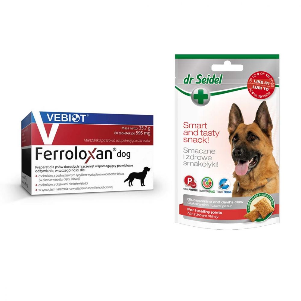 Pakiet Ferroloxan Dog Mieszanka Paszowa Dla Szczeniąt i Psów Dorosłych Z Podwyższonym Ryzykiem Wystąpienia Niedoboru Żelaza 60 Tabletek + Dr Seidel Smakołyki Zdrowe Stawy dla Psa 90 g GRATIS!