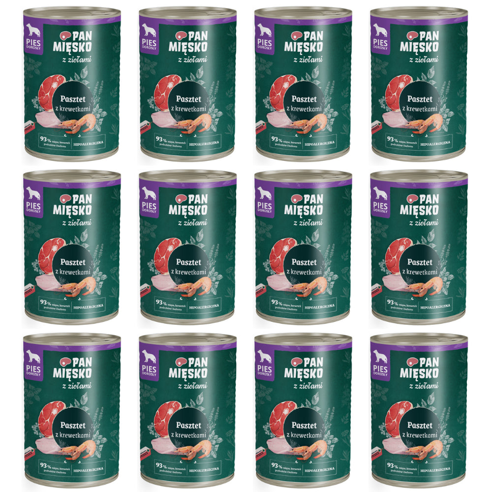 Pakiet Pan Mięsko Mokra Karma Dla Dorosłych Psów Pasztet z Ziołami i Krewetkami 12 x 400 g