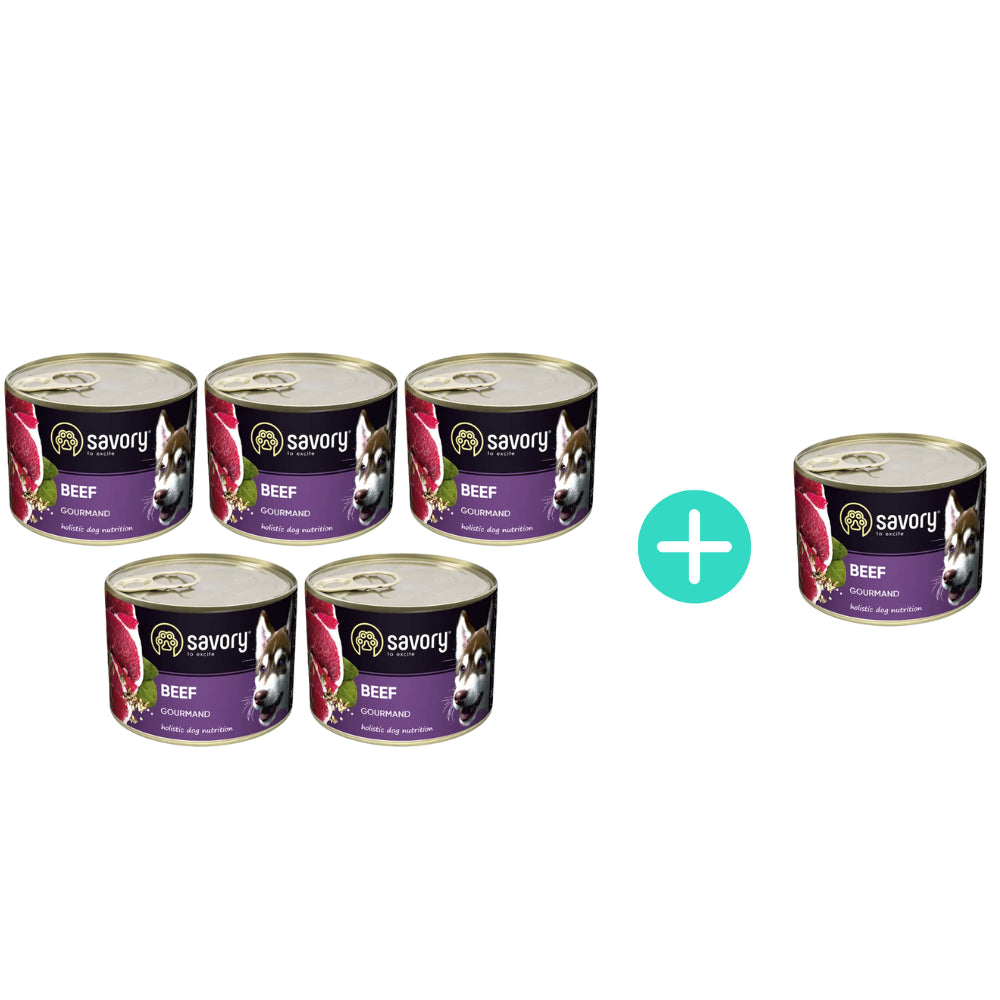 Pakiet Savory Dog Adult Mono Beef Karma Mokra Monoproteinowa Dla Dorosłych Psów Wszystkich Ras z Wołowiną 5 x 200 g + 1 Puszka Gratis!