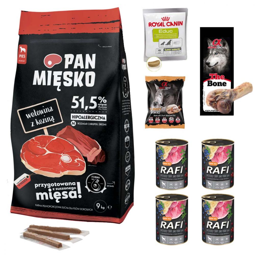Pakiet Pan Mięsko Karma Sucha Dla Dorosłych Psów Wołowina Z Koziną Rozmiar M 9 kg + 10 GRATISÓW!