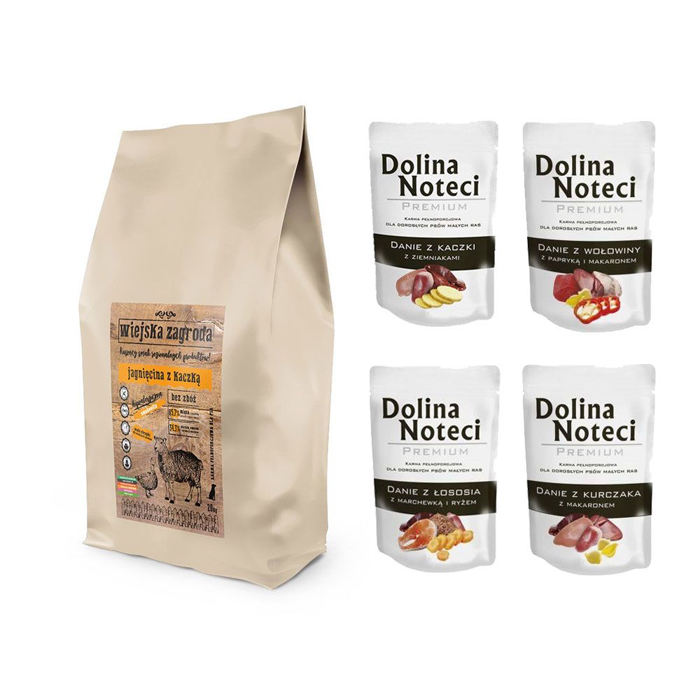 Pakiet Wiejska Zagroda Jagnięcina z Kaczką dla Małych Ras 20 kg + 4 x Dolina Noteci dla Małych Ras Mix Smaków 100 g Gratis