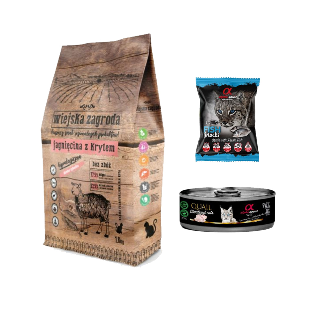 Pakiet Wiejska Zagroda Jagnięcina z Krylem dla Kota  1,6 kg + Przysmaki Alpha Spirit GRATIS!