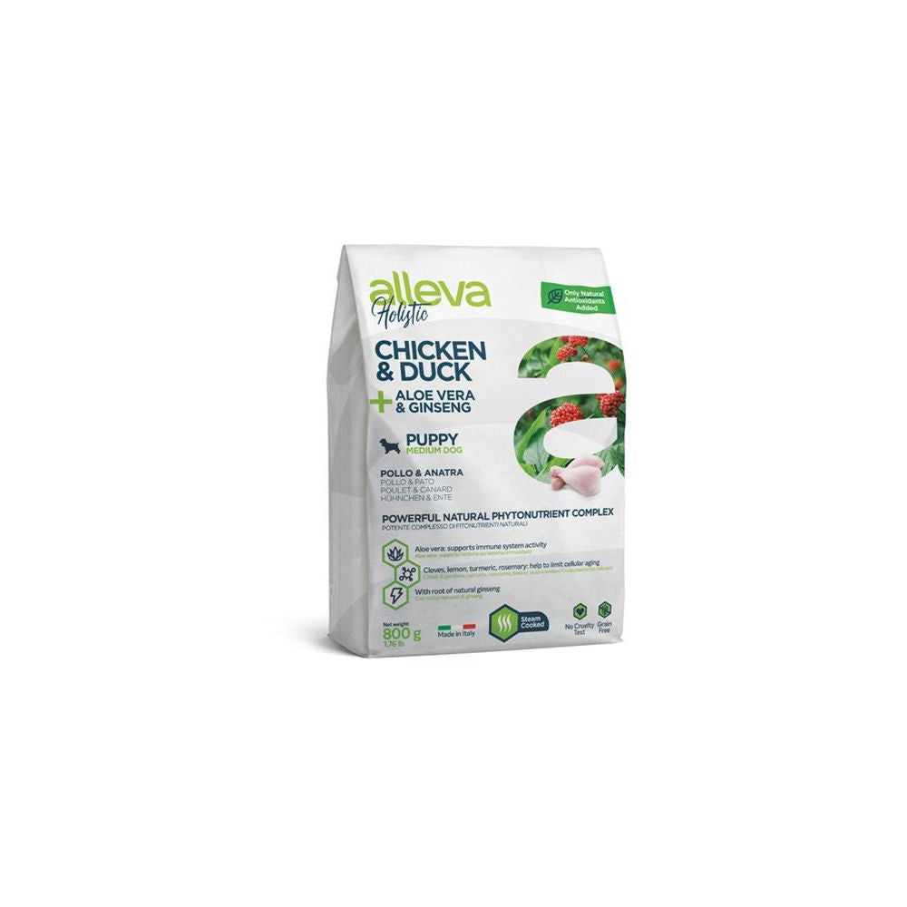 Alleva Holistic Sucha Karma Dla Szczeniąt Średnich Ras Oraz Suk Karmiących I W Ciąży Z Kurczakiem I Kaczką Oraz Z Dodatkiem Aloesu I Korzenia Żeń-szenia 800 g