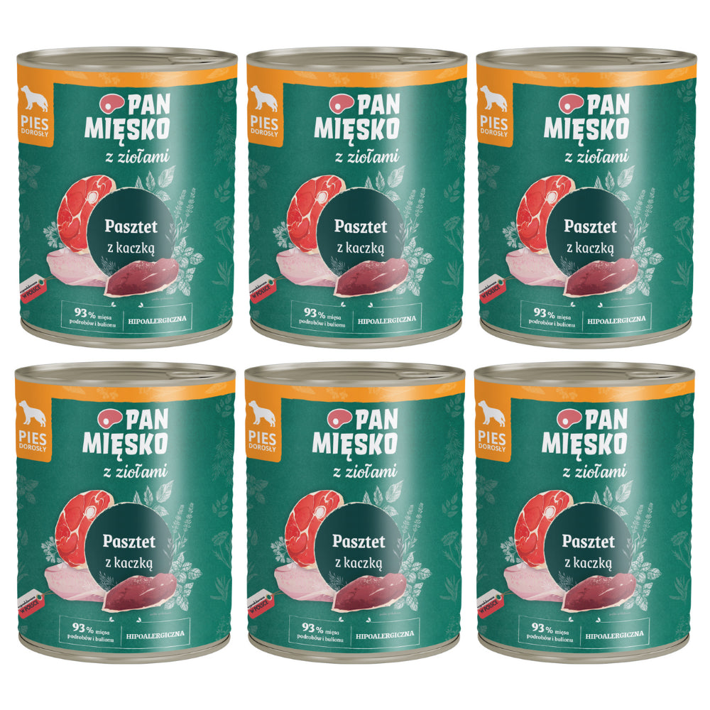 Pakiet Pan Mięsko Mokra Karma Dla Dorosłych Psów Pasztet z Ziołami i Kaczką 6 x 800 g
