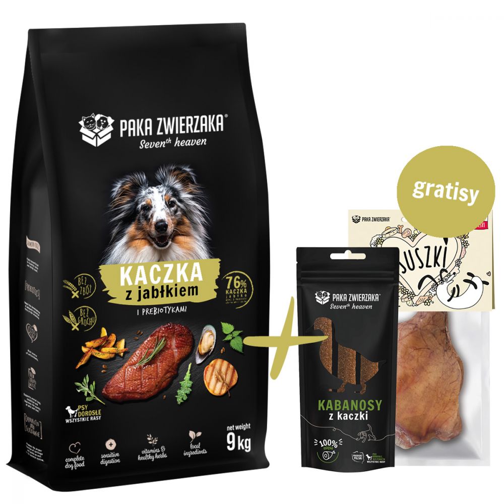Pakiet Paka Zwierzaka Seventh Heaven Duck&Apple Sucha Karma Dla Dorosłych Psów Kaczka Z Jabłkiem 9 kg + Kabanosy z Kaczki i Ucho Wieprzowe GRATIS!