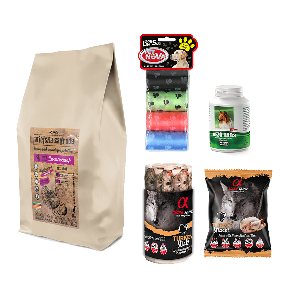 Pakiet Wiejska Zagroda Indyk z Jabłkiem dla Szczeniąt Dużych Ras 20 kg + 4 GRATISY Dezo Tabs, Kolorowe Woreczki, Przysmak