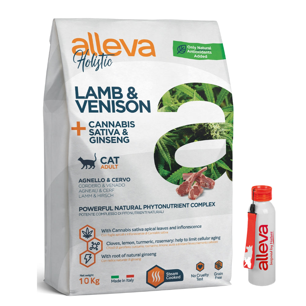 Pakiet Alleva Holistic Sucha Karma Dla Dorosłych Kotów Z Jagnięciną i Jeleniem Oraz Z Dodatkiem Konopi Włóknistej i Korzenia Żeń-szenia 10 kg + Bidon GRATIS!