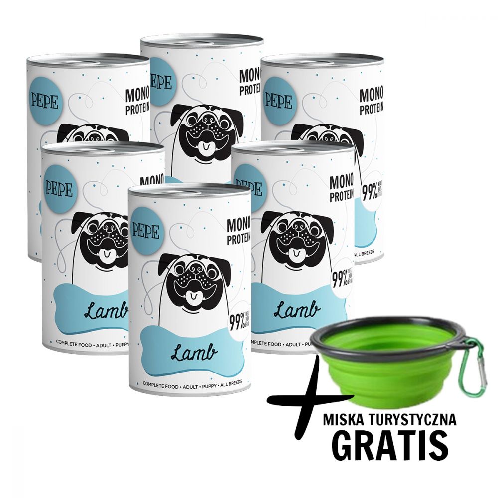 Pakiet Paka Zwierzaka Pepe Monoproteinowa Karma Dla Psa Jagnięcina 6 x 400 g + Miska Turystyczna GRATIS!