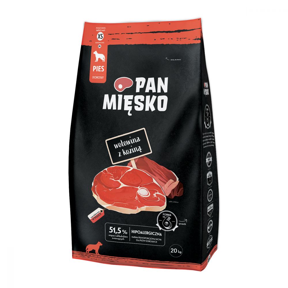 Pan Mięsko Karma Sucha Dla Dorosłych Psów Wołowina z Koziną Rozmiar XS 20 kg