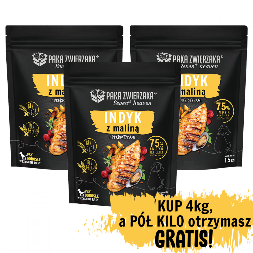 Pakiet Paka Zwierzaka Seventh Heaven Turkey&Raspberry 4 kg + 500 g GRATIS!