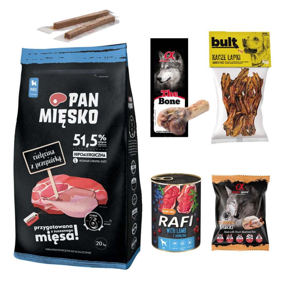 Pakiet Pan Mięsko Karma Sucha Dla Szczeniąt I Młodych Psów Cielęcina Z Przepiórką Rozmiar L 20 kg + 6 GRATISÓW!