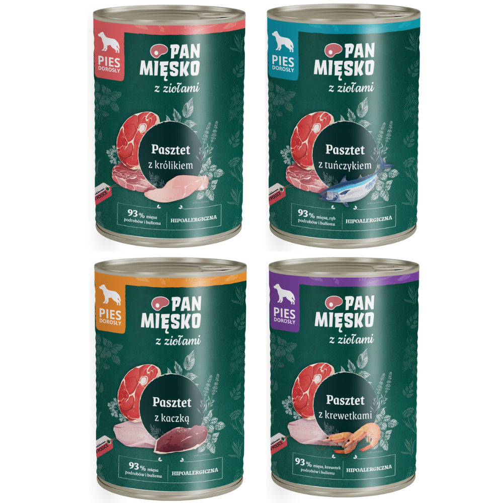 Pakiet Pan Mięsko Mokra Karma Dla Dorosłych Psów Pasztet z Ziołami Mix Smaków 4 x 400 g