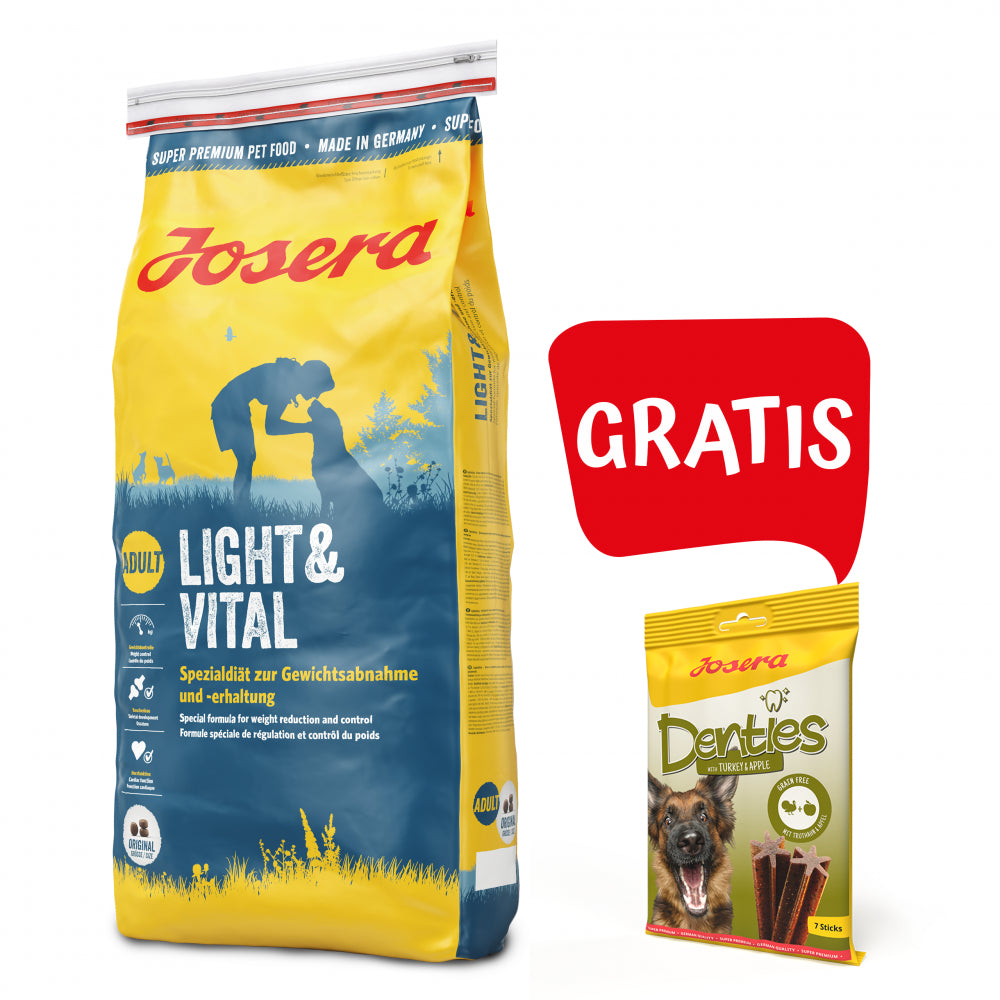 Pakiet Josera Light & Vital Niskokaloryczna 15 kg + Josera Denties Przysmak z Indykiem 180 g GRATIS!