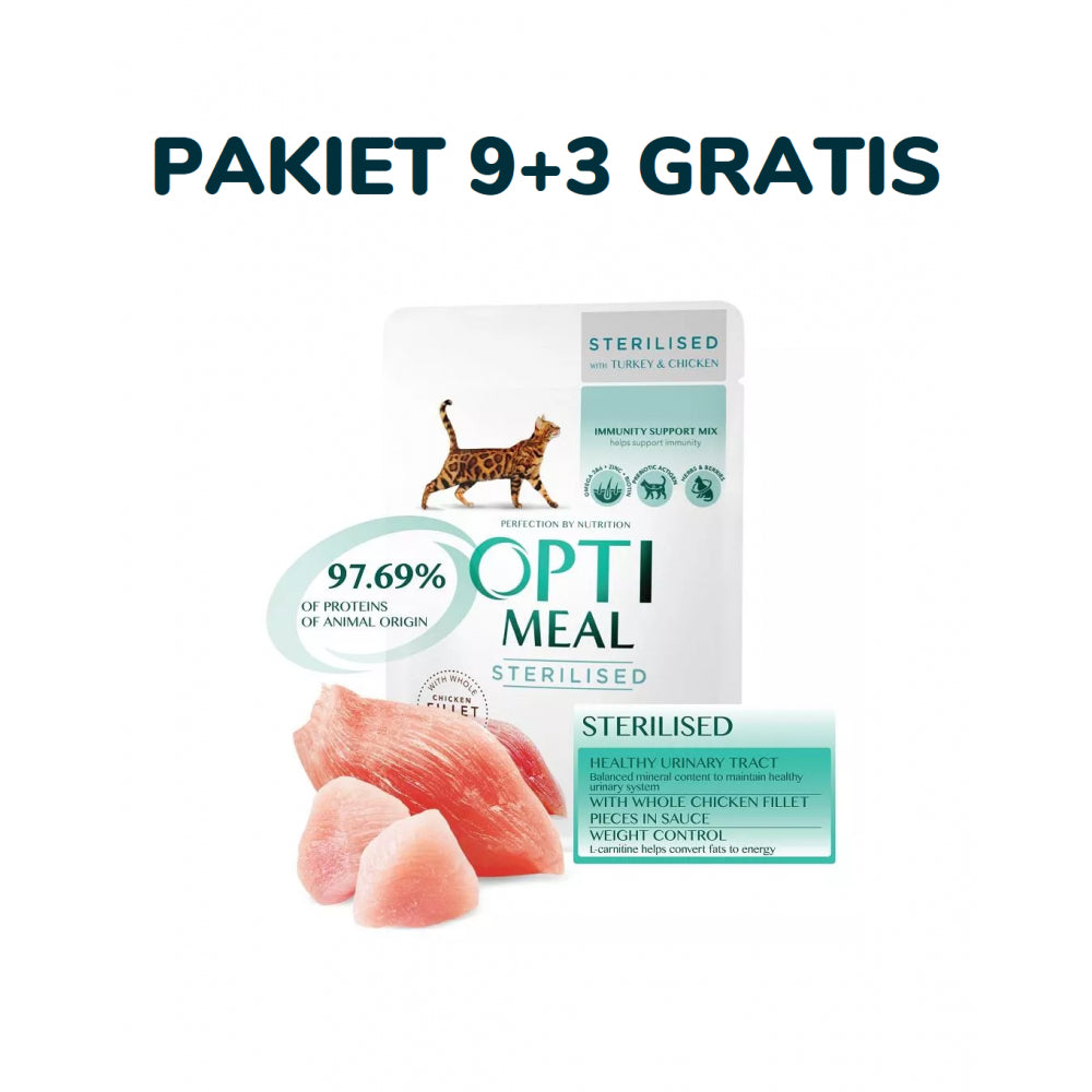 Optimeal z Indykiem i Kurczakiem dla Kotów Sterylizowanych i po Kastracji 9 + 3 GRATIS
